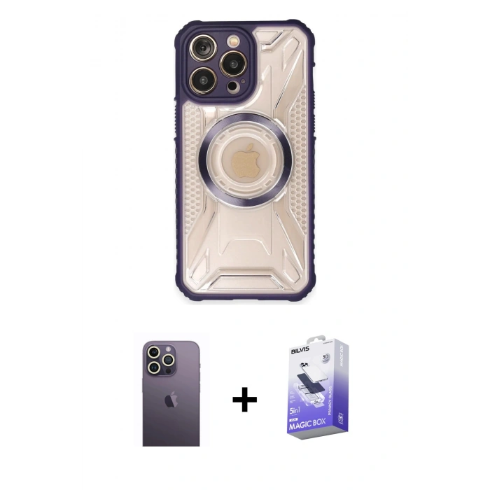 MARSİLYAN™- iPhone 13 Pro Max Kılıf Kutup Modern - Siyah Bilvis 5in1 5D Magic Hayalet Cam Ekran Koruyucu + Neon Fosforlu Kamera Lens - BZ