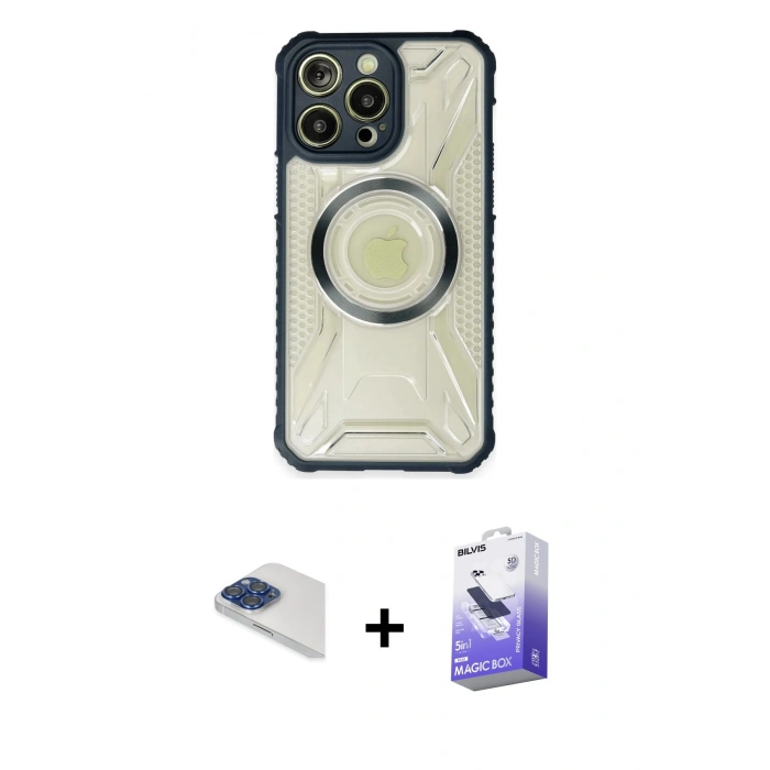 MARSİLYAN™- iPhone 13 Pro Max Kılıf Kutup Modern - Siyah Bilvis 5in1 5D Magic Hayalet Cam Ekran Koruyucu + Pers Alüminyum Kamera Lens - LT