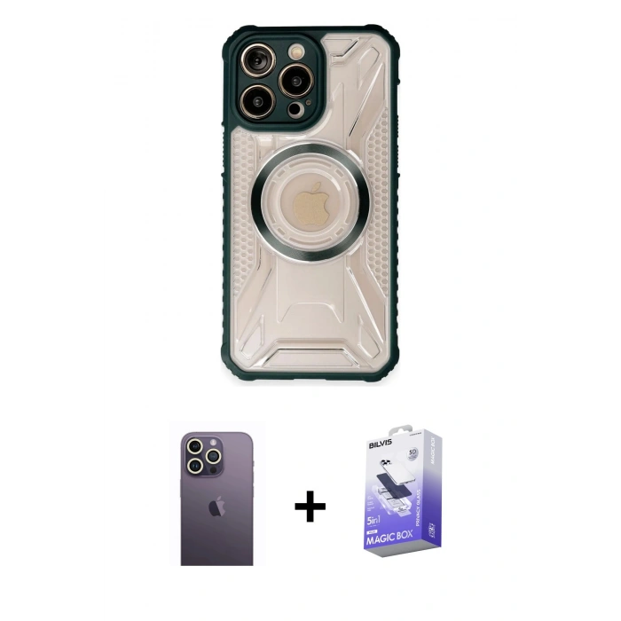MARSİLYAN™- iPhone 13 Pro Max Kılıf Kutup Modern - Siyah Bilvis 5in1 5D Magic Hayalet Cam Ekran Koruyucu + Neon Fosforlu Kamera Lens - BZ