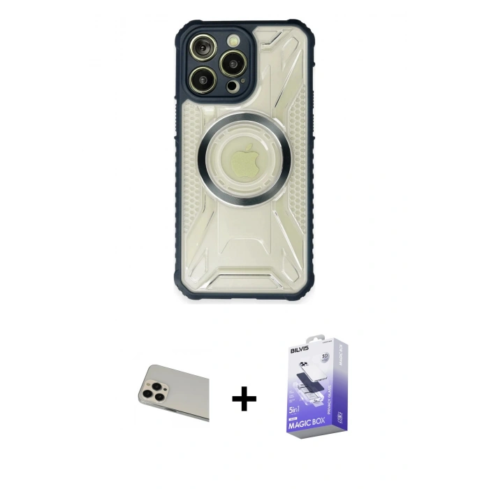 MARSİLYAN™- iPhone 13 Pro Max Kılıf Kutup Modern - Siyah Bilvis 5in1 5D Magic Hayalet Cam Ekran Koruyucu + Rainbow Kamera Lens Koruma Cam - REGD