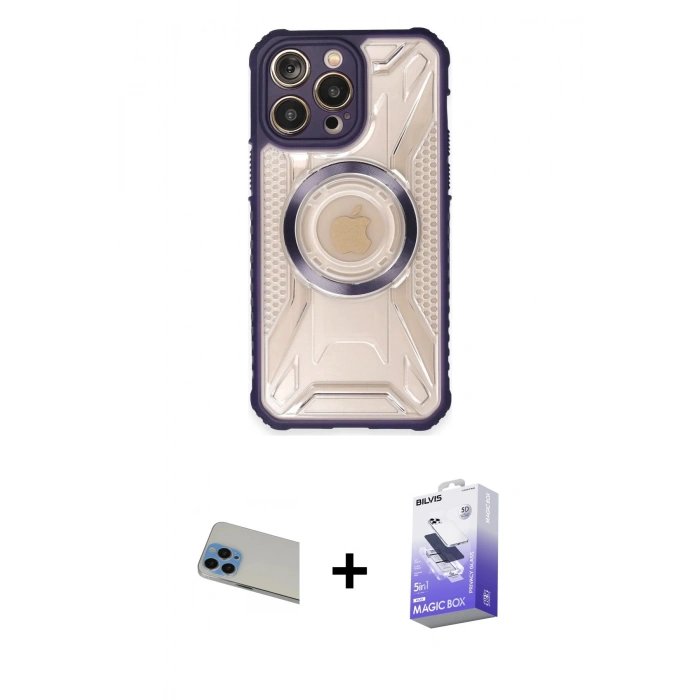 MARSİLYAN™- iPhone 13 Pro Max Kılıf Kutup Modern - Siyah Bilvis 5in1 5D Magic Hayalet Cam Ekran Koruyucu + Rainbow Kamera Lens Koruma Cam - MI