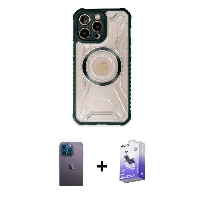 MARSİLYAN™- iPhone 13 Pro Max Kılıf Kutup Modern - Siyah Bilvis 5in1 5D Magic Hayalet Cam Ekran Koruyucu + Mavi Neon Fosforlu Kamera Lens