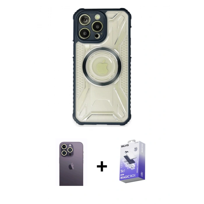 MARSİLYAN™- iPhone 13 Pro Max Kılıf Kutup Modern - Siyah Bilvis 5in1 5D Magic Hayalet Cam Ekran Koruyucu + Neon Fosforlu Kamera Lens - BZ