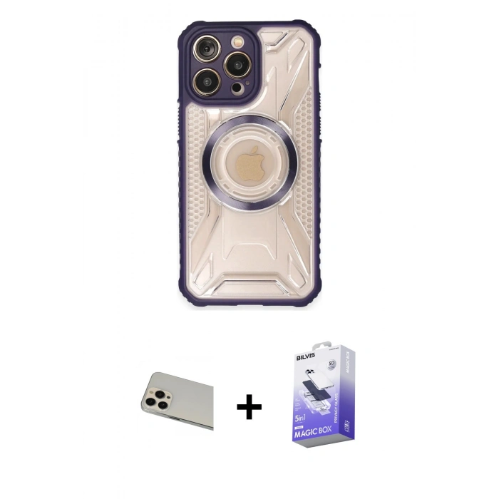MARSİLYAN™- iPhone 13 Pro Max Kılıf Kutup Modern - Siyah Bilvis 5in1 5D Magic Hayalet Cam Ekran Koruyucu + Rainbow Kamera Lens Koruma Cam - REGD
