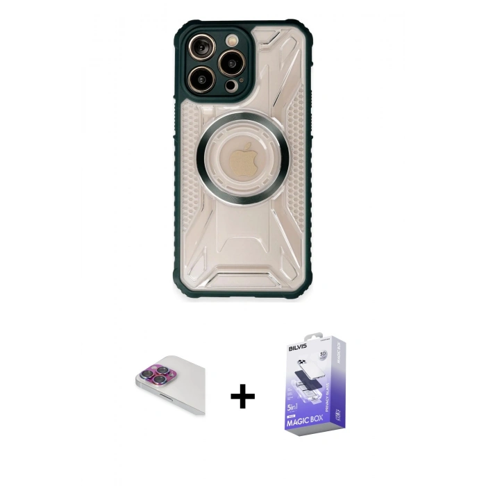 MARSİLYAN™- iPhone 13 Pro Max Kılıf Kutup Modern - Siyah Bilvis 5in1 5D Magic Hayalet Cam Ekran Koruyucu + Pers Alüminyum Kamera Lens - GI