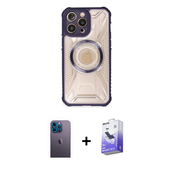 MARSİLYAN™- iPhone 13 Pro Max Kılıf Kutup Modern - Siyah Bilvis 5in1 5D Magic Hayalet Cam Ekran Koruyucu + Mavi Neon Fosforlu Kamera Lens