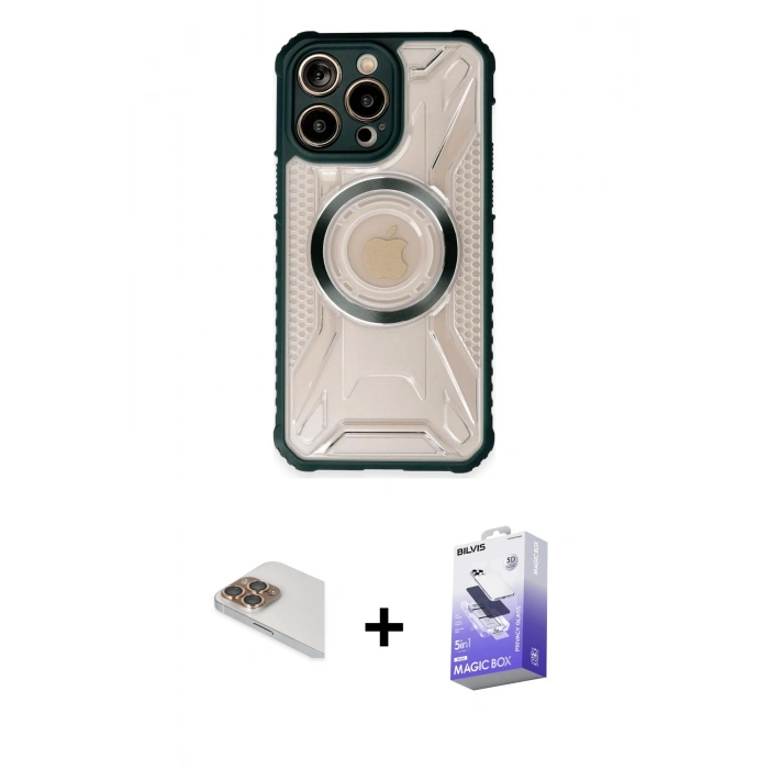 MARSİLYAN™- iPhone 13 Pro Max Kılıf Kutup Modern - Siyah Bilvis 5in1 5D Magic Hayalet Cam Ekran Koruyucu + Pers Alüminyum Kamera Lens - GD