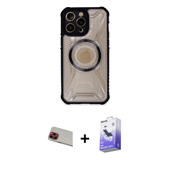 MARSİLYAN™- iPhone 13 Pro Max Kılıf Kutup Modern - Siyah Bilvis 5in1 5D Magic Hayalet Cam Ekran Koruyucu + Rainbow Kamera Lens Koruma Cam - KI