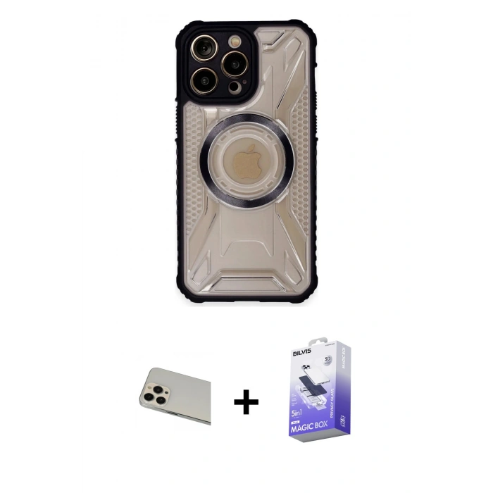 MARSİLYAN™- iPhone 13 Pro Max Kılıf Kutup Modern - Siyah Bilvis 5in1 5D Magic Hayalet Cam Ekran Koruyucu + Rainbow Kamera Lens Koruma Cam - REGD