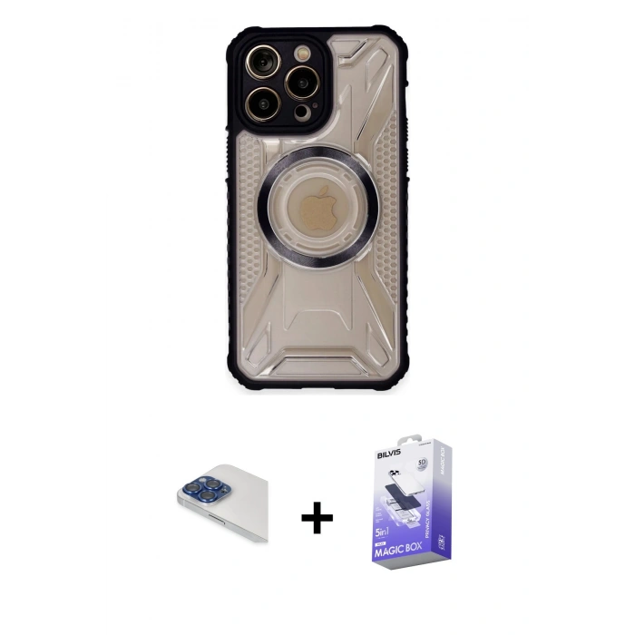 MARSİLYAN™- iPhone 13 Pro Max Kılıf Kutup Modern - Siyah Bilvis 5in1 5D Magic Hayalet Cam Ekran Koruyucu + Pers Alüminyum Kamera Lens - LT