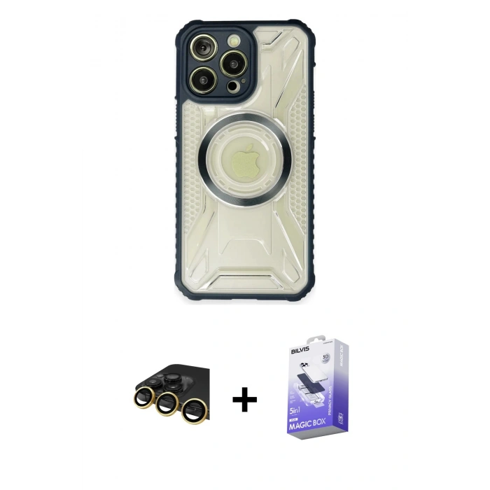 MARSİLYAN™- iPhone 13 Pro Max Kılıf Kutup Modern - Siyah Bilvis 5in1 5D Magic Hayalet Cam Ekran Koruyucu + Raze Metal Kamera Lens - GD
