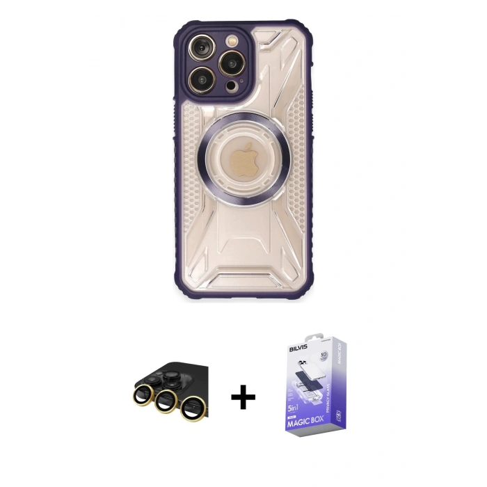 MARSİLYAN™- iPhone 13 Pro Max Kılıf Kutup Modern - Siyah Bilvis 5in1 5D Magic Hayalet Cam Ekran Koruyucu + Raze Metal Kamera Lens - GD