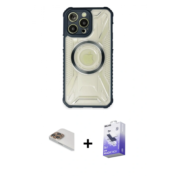 MARSİLYAN™- iPhone 13 Pro Max Kılıf Kutup Modern - Siyah Bilvis 5in1 5D Magic Hayalet Cam Ekran Koruyucu + Gold Pers Alüminyum Kamera Lens
