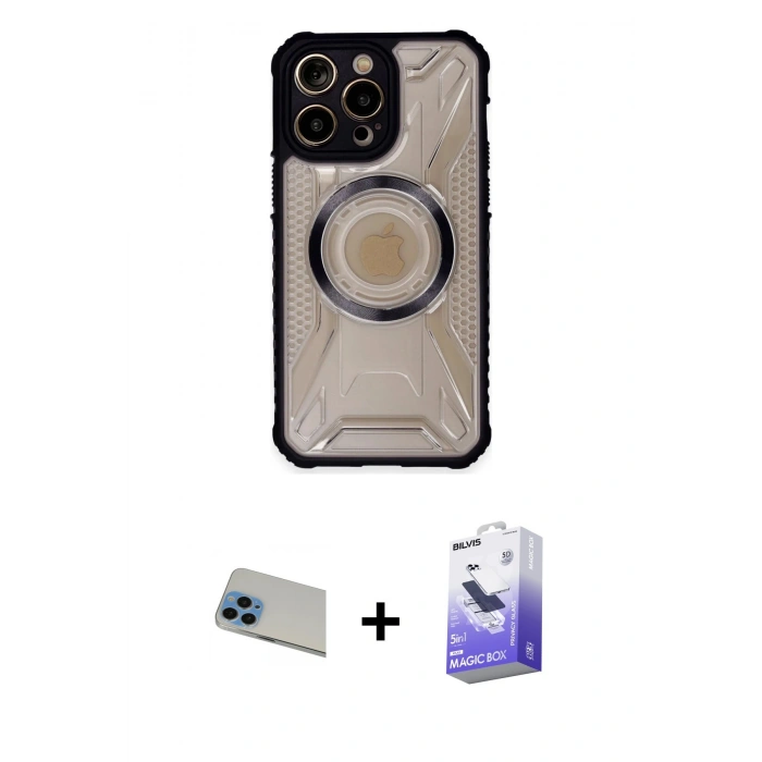 MARSİLYAN™- iPhone 13 Pro Max Kılıf Kutup Modern - Siyah Bilvis 5in1 5D Magic Hayalet Cam Ekran Koruyucu + Rainbow Kamera Lens Koruma Cam - MI
