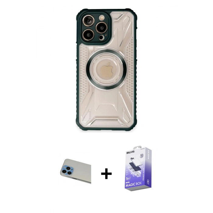 MARSİLYAN™- iPhone 13 Pro Max Kılıf Kutup Modern - Siyah Bilvis 5in1 5D Magic Hayalet Cam Ekran Koruyucu + Rainbow Kamera Lens Koruma Cam - MI