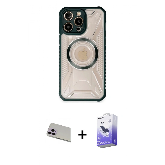 MARSİLYAN™- iPhone 13 Pro Max Kılıf Kutup Modern - Siyah Bilvis 5in1 5D Magic Hayalet Cam Ekran Koruyucu + Rainbow Kamera Lens Koruma Cam - MR