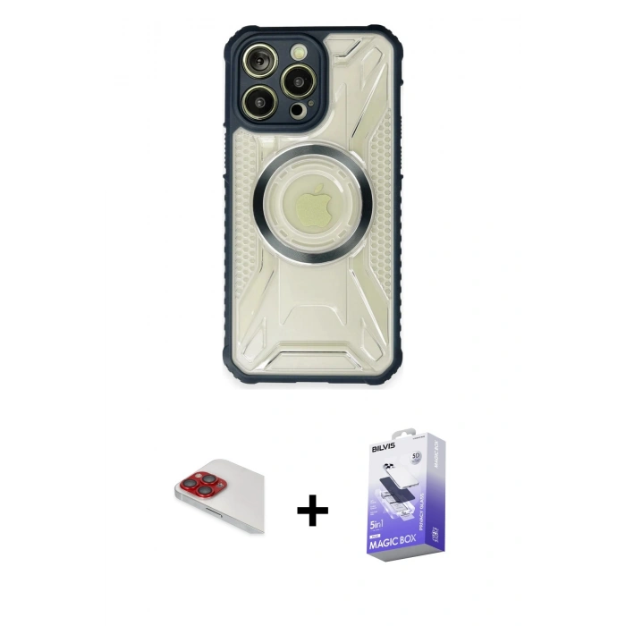 MARSİLYAN™- iPhone 13 Pro Max Kılıf Kutup Modern - Siyah Bilvis 5in1 5D Magic Hayalet Cam Ekran Koruyucu + Pers Alüminyum Kamera Lens - KI