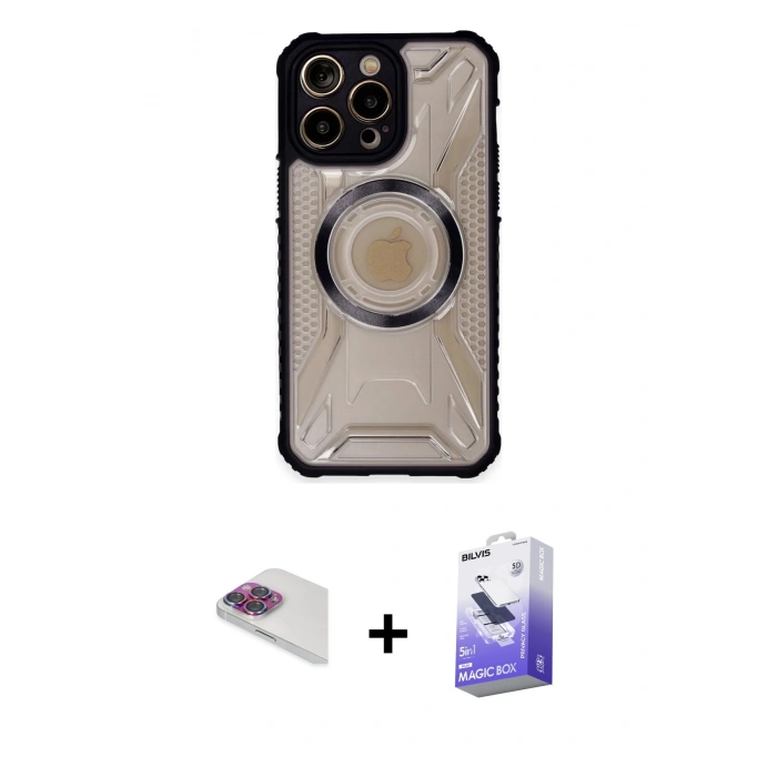 MARSİLYAN™- iPhone 13 Pro Max Kılıf Kutup Modern - Siyah Bilvis 5in1 5D Magic Hayalet Cam Ekran Koruyucu + Pers Alüminyum Kamera Lens - GI