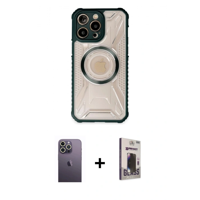 MARSİLYAN™- iPhone 13 Pro Max Kılıf Kutup Modern - Siyah Bilvis Hayalet Cam Ekran Koruyucu + Neon Fosforlu Kamera Lens - BZ