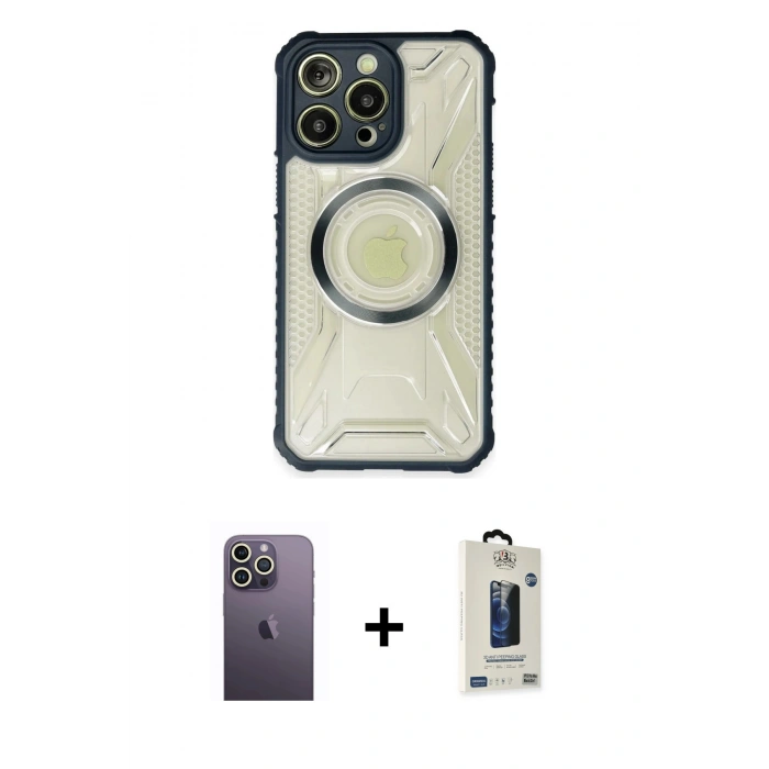 MARSİLYAN™- iPhone 13 Pro Max Kılıf Kutup Modern - Siyah Bilvis Hayalet Cam Ekran Koruyucu + Neon Fosforlu Kamera Lens - BZ
