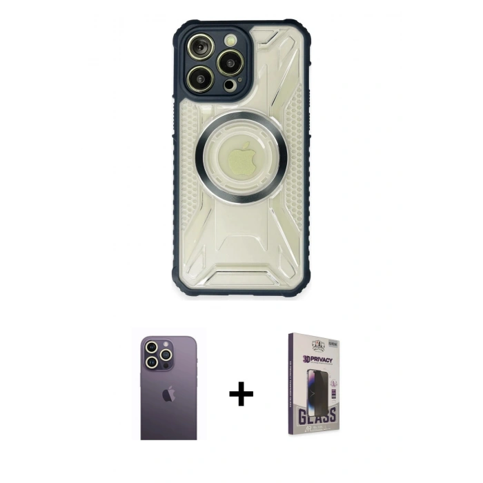 MARSİLYAN™- iPhone 13 Pro Max Kılıf Kutup Modern - Siyah Bilvis Hayalet Cam Ekran Koruyucu + Neon Fosforlu Kamera Lens - BZ