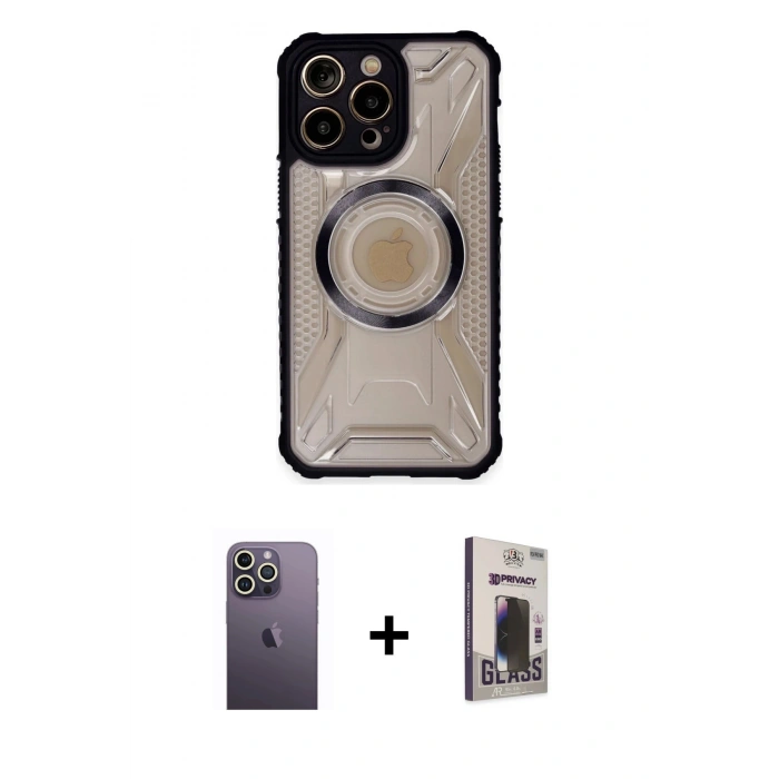 MARSİLYAN™- iPhone 13 Pro Max Kılıf Kutup Modern - Siyah Bilvis Hayalet Cam Ekran Koruyucu + Neon Fosforlu Kamera Lens - BZ