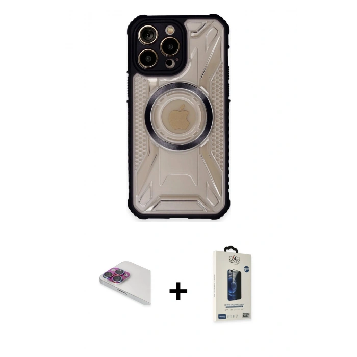 MARSİLYAN™- iPhone 13 Pro Max Kılıf Kutup Modern - Siyah Bilvis Hayalet Cam Ekran Koruyucu + Pers Alüminyum Kamera Lens - GI