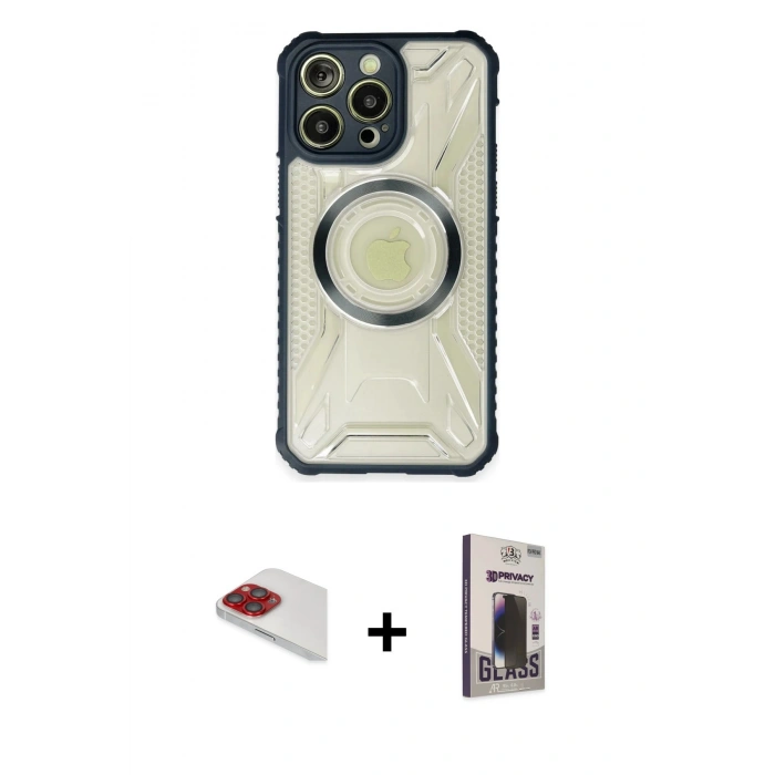 MARSİLYAN™- iPhone 13 Pro Max Kılıf Kutup Modern - Siyah Bilvis Hayalet Cam Ekran Koruyucu + Pers Alüminyum Kamera Lens - KI