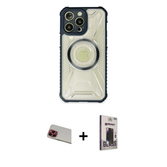 MARSİLYAN™- iPhone 13 Pro Max Kılıf Kutup Modern - Siyah Bilvis Hayalet Cam Ekran Koruyucu + Rainbow Kamera Lens Koruma Cam - KI