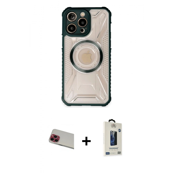 MARSİLYAN™- iPhone 13 Pro Max Kılıf Kutup Modern - Siyah Bilvis Hayalet Cam Ekran Koruyucu + Rainbow Kamera Lens Koruma Cam - KI