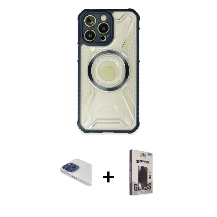 MARSİLYAN™- iPhone 13 Pro Max Kılıf Kutup Modern - Siyah Bilvis Hayalet Cam Ekran Koruyucu + Pers Alüminyum Kamera Lens - LT