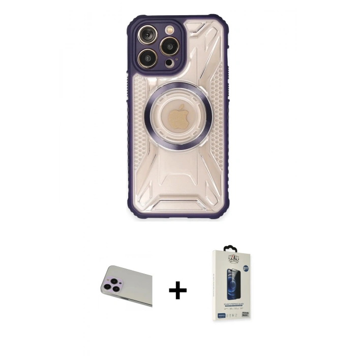 MARSİLYAN™- iPhone 13 Pro Max Kılıf Kutup Modern - Siyah Bilvis Hayalet Cam Ekran Koruyucu + Rainbow Kamera Lens Koruma Cam - MR