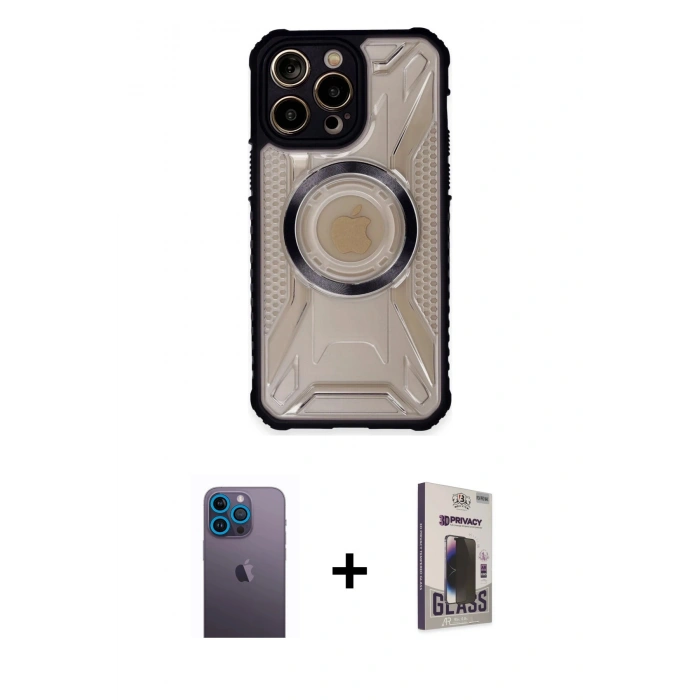 MARSİLYAN™- iPhone 13 Pro Max Kılıf Kutup Modern - Siyah Bilvis Hayalet Cam Ekran Koruyucu + Neon Fosforlu Kamera Lens - MI