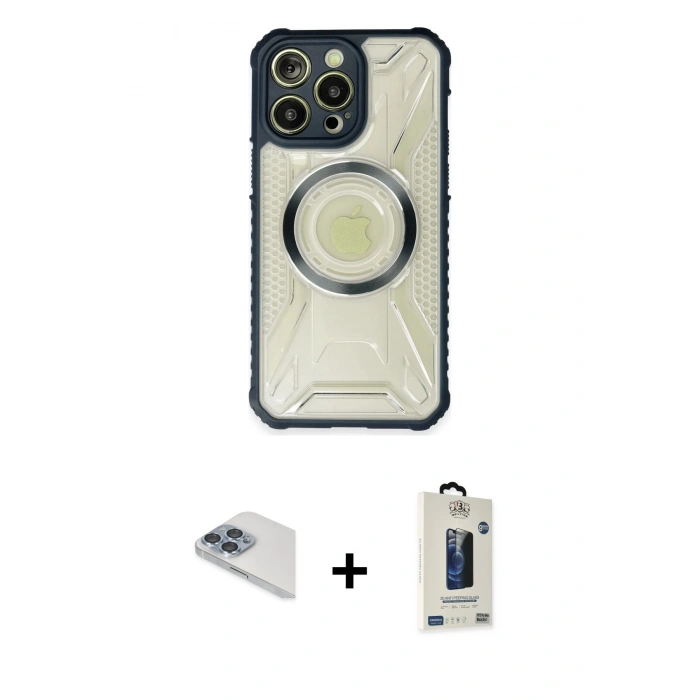 MARSİLYAN™- iPhone 13 Pro Max Kılıf Kutup Modern - Siyah Bilvis Hayalet Cam Ekran Koruyucu + Pers Alüminyum Kamera Lens - SABE