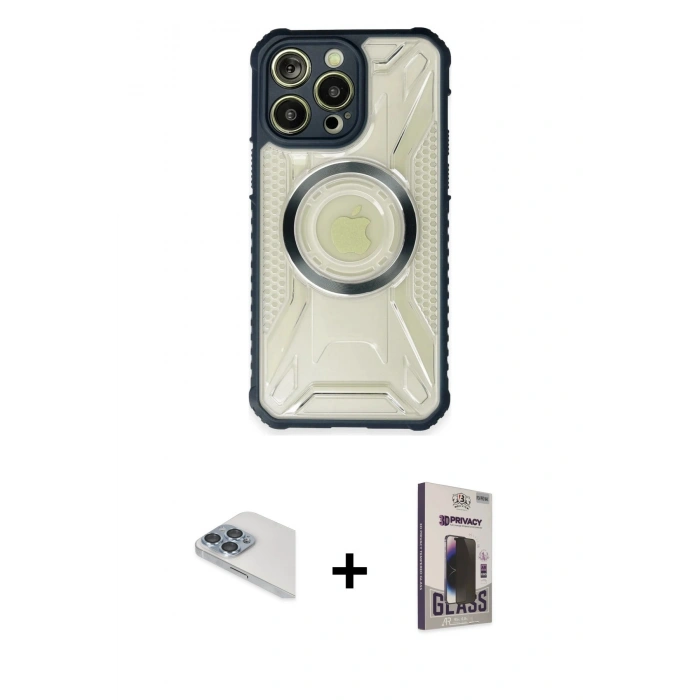 MARSİLYAN™- iPhone 13 Pro Max Kılıf Kutup Modern - Siyah Bilvis Hayalet Cam Ekran Koruyucu + Pers Alüminyum Kamera Lens - SABE