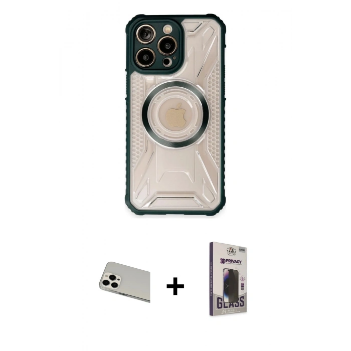 MARSİLYAN™- iPhone 13 Pro Max Kılıf Kutup Modern - Siyah Bilvis Hayalet Cam Ekran Koruyucu + Rainbow Kamera Lens Koruma Cam - BZ