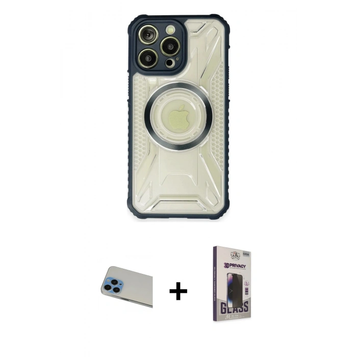 MARSİLYAN™- iPhone 13 Pro Max Kılıf Kutup Modern - Siyah Bilvis Hayalet Cam Ekran Koruyucu + Rainbow Kamera Lens Koruma Cam - MI