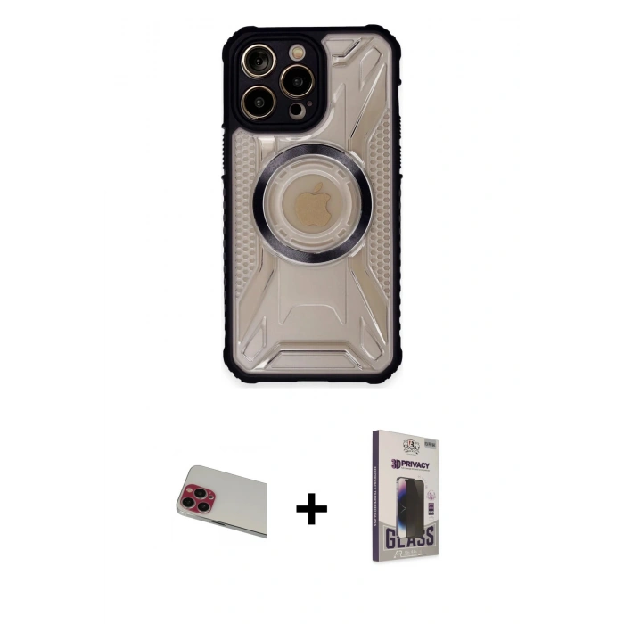 MARSİLYAN™- iPhone 13 Pro Max Kılıf Kutup Modern - Siyah Bilvis Hayalet Cam Ekran Koruyucu + Rainbow Kamera Lens Koruma Cam - KI