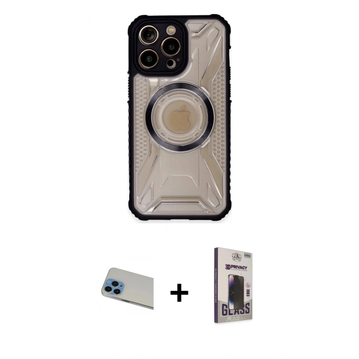 MARSİLYAN™- iPhone 13 Pro Max Kılıf Kutup Modern - Siyah Bilvis Hayalet Cam Ekran Koruyucu + Rainbow Kamera Lens Koruma Cam - MI
