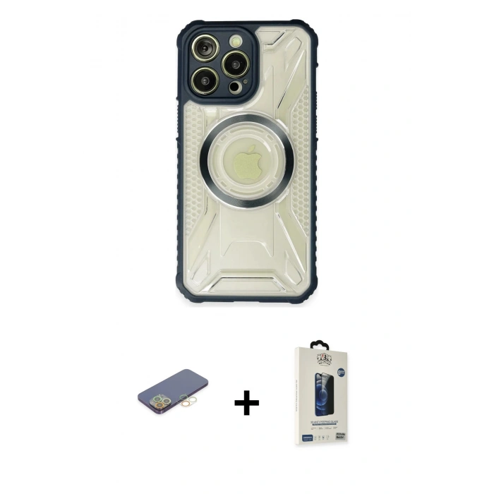 MARSİLYAN™- iPhone 13 Pro Max Kılıf Kutup Modern - Siyah Bilvis Hayalet Cam Ekran Koruyucu + Renkli Kamera Lens Koruma Cam - SI