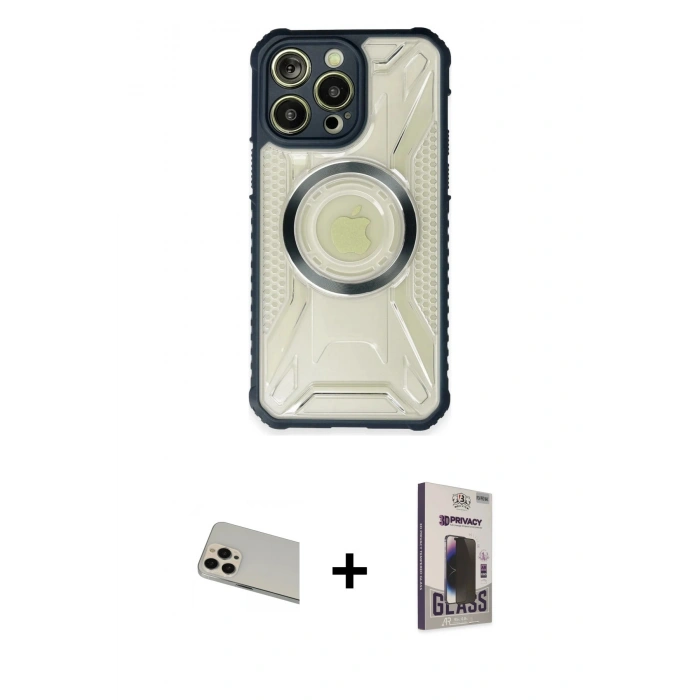 MARSİLYAN™- iPhone 13 Pro Max Kılıf Kutup Modern - Siyah Bilvis Hayalet Cam Ekran Koruyucu + Rainbow Kamera Lens Koruma Cam - REGD