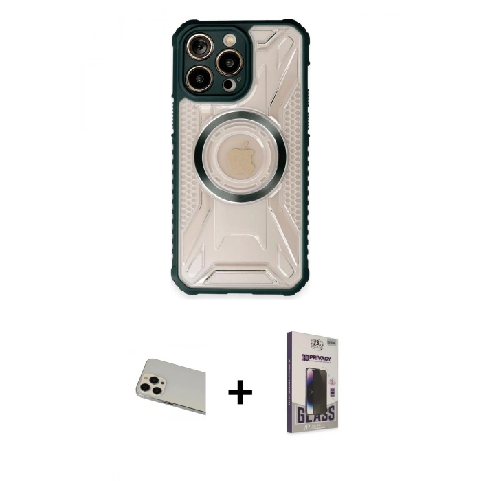 MARSİLYAN™- iPhone 13 Pro Max Kılıf Kutup Modern - Siyah Bilvis Hayalet Cam Ekran Koruyucu + Rainbow Kamera Lens Koruma Cam - REGD