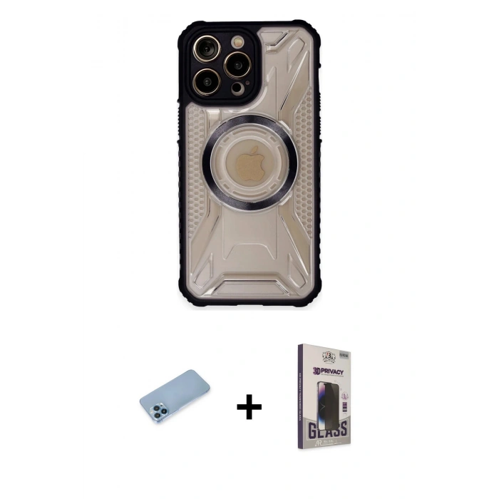 MARSİLYAN™- iPhone 13 Pro Max Kılıf Kutup Modern - Siyah Bilvis Hayalet Cam Ekran Koruyucu + Shine Kamera Lens Koruma Cam - MI