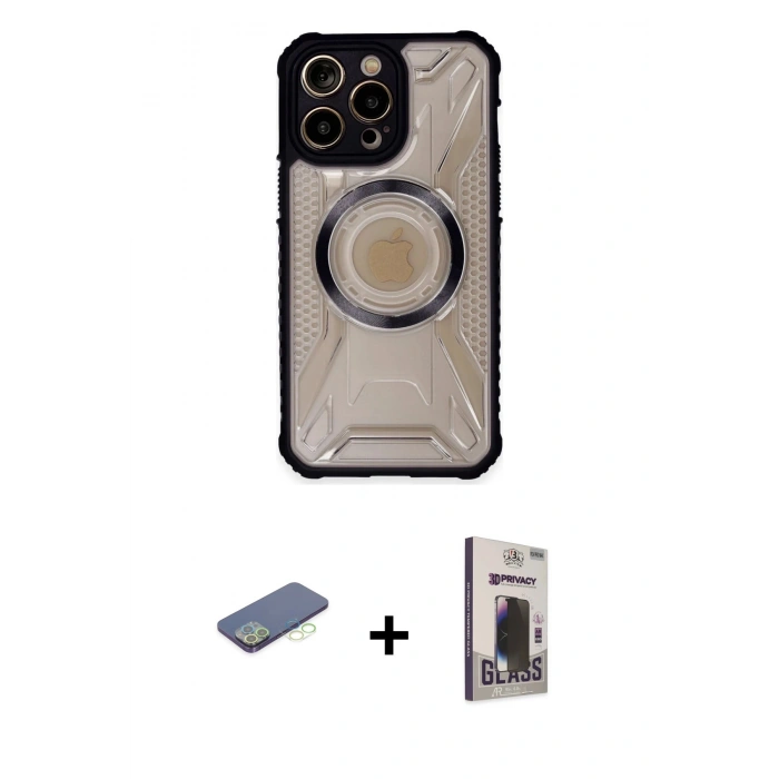 MARSİLYAN™- iPhone 13 Pro Max Kılıf Kutup Modern - Siyah Bilvis Hayalet Cam Ekran Koruyucu + Renkli Kamera Lens Koruma Cam - YL