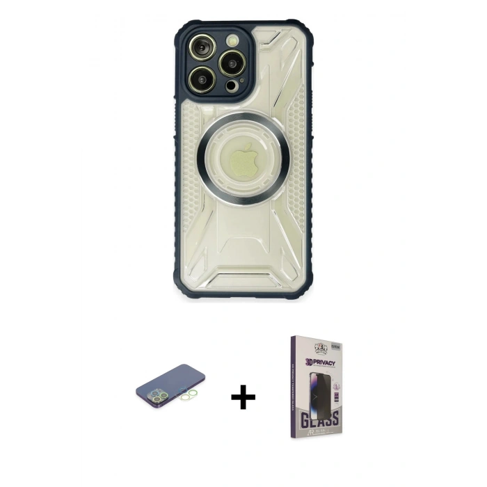 MARSİLYAN™- iPhone 13 Pro Max Kılıf Kutup Modern - Siyah Bilvis Hayalet Cam Ekran Koruyucu + Renkli Kamera Lens Koruma Cam - YL