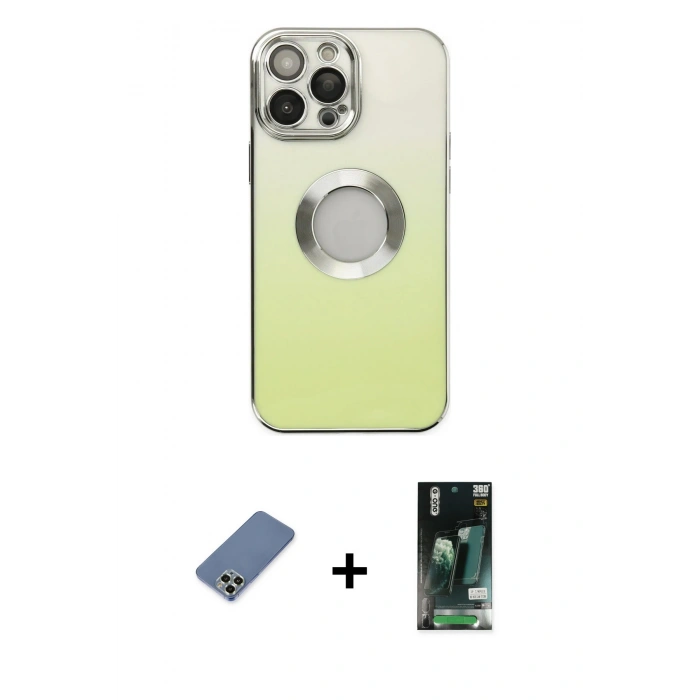 MARSİLYAN™- iPhone 13 Pro Max Kılıf Kutup Yansıma Özel Seri - Şeffaf 360 Full Body Arka Koruyucu + Açık Yeşil Metal Kamera Lens Koruma Cam