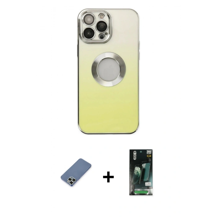 MARSİLYAN™- iPhone 13 Pro Max Kılıf Kutup Yansıma Özel Seri - Şeffaf 360 Full Body Arka Koruyucu + Açık Yeşil Metal Kamera Lens Koruma Cam