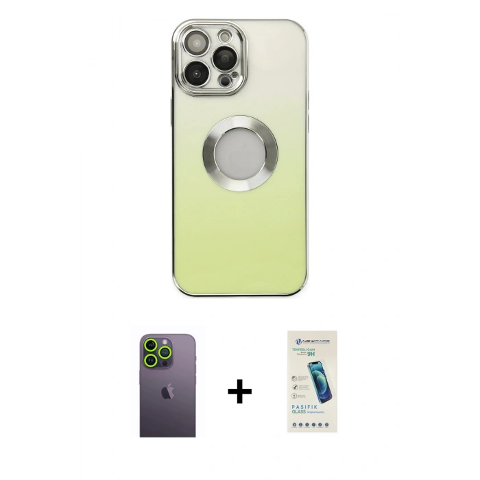 MARSİLYAN™- iPhone 13 Pro Max Kılıf Kutup Yansıma Özel Seri - Şeffaf Pasifik Cam Ekran Koruyucu + Neon Fosforlu Kamera Lens - YL