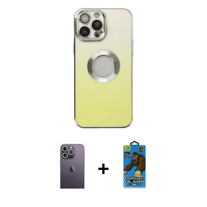 MARSİLYAN™- iPhone 13 Pro Max Kılıf Kutup Yansıma Özel Seri - Siyah 18D Cam Ekran Koruyucu + Beyaz Neon Fosforlu Kamera Lens