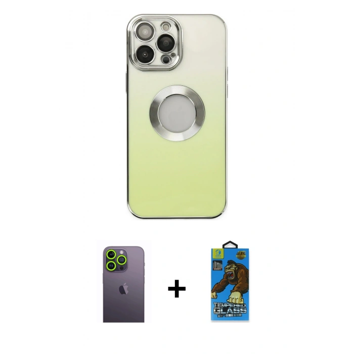 MARSİLYAN™- iPhone 13 Pro Max Kılıf Kutup Yansıma Özel Seri - Siyah 18D Cam Ekran Koruyucu + Neon Fosforlu Kamera Lens - YL